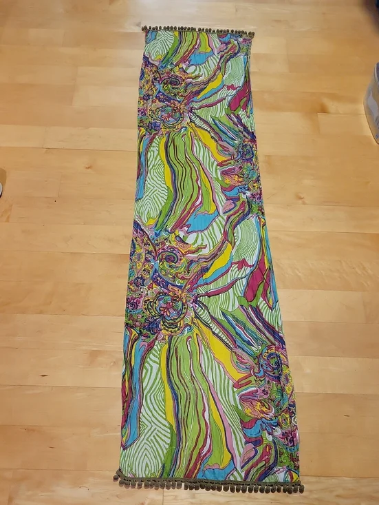 Vintage Colorful Cotton Scarf Wrap With Pompoms From Thailand 65x18in