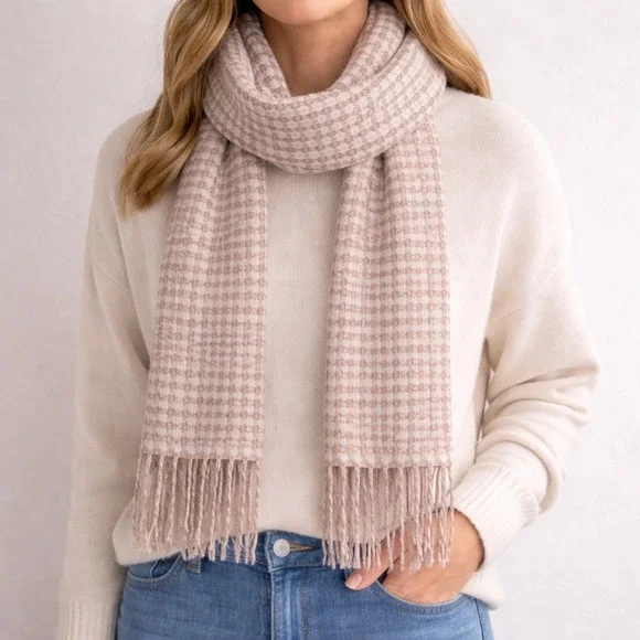 Made in Scotland Scarf Womens‎ OS Pink Brown Cashmere Geometric Box Fringe Warm