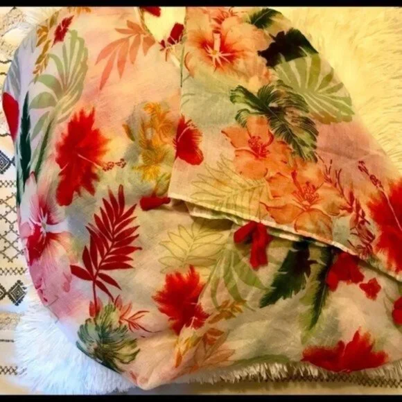 Shihreen Pink Tropical Floral Infinity Scarf with Tassels Summer‎ Lightweight