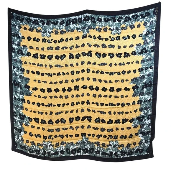 Anne Klein 100%‎ Silk Scarf Leopard Floral Gold Green Black Square 34 Inch