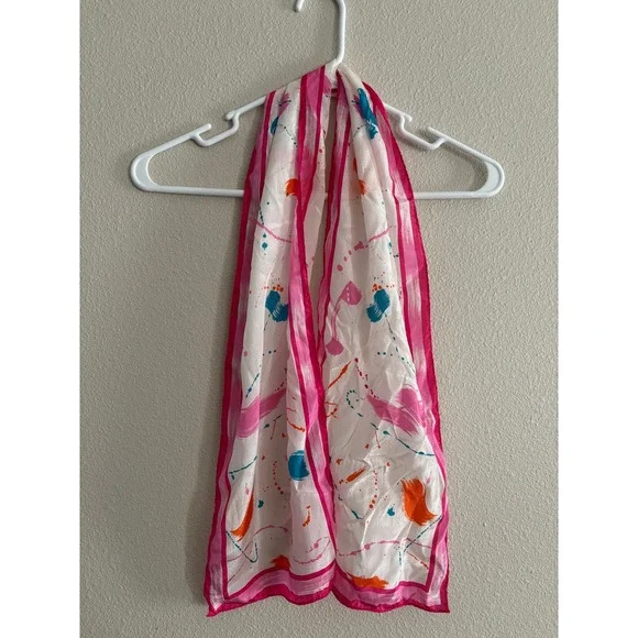 Vintage Elorian 100% Silk Neck Scarf White Pink Abstract Paint Japan Art to Wear