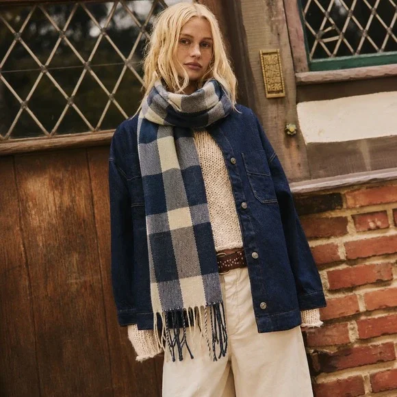 J. Crew Scarf Wrap Womens‎ Unisex Blue Tan Plaid Check Knit Tartan Preppy