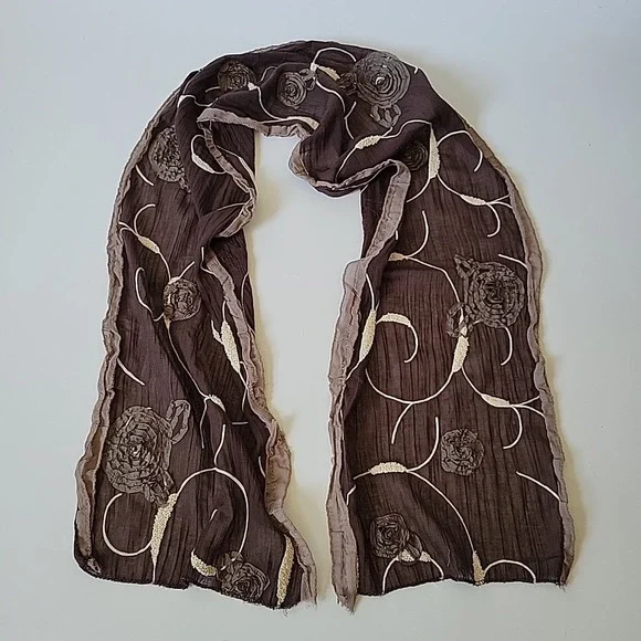 Embroidered Applique Flowers Rectangle Scarf Brown Artsy Bohemian‎ Wearable Art