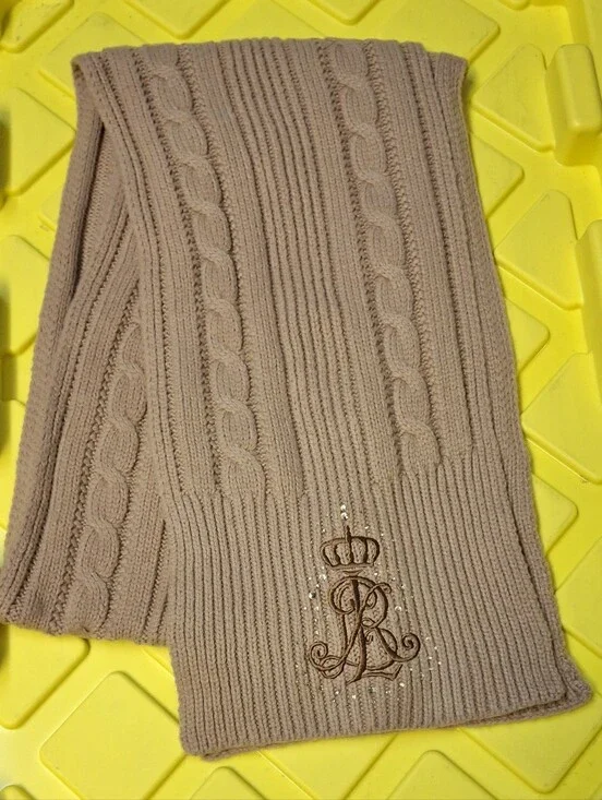 Embellished Cable Knit Scarf in Taupe