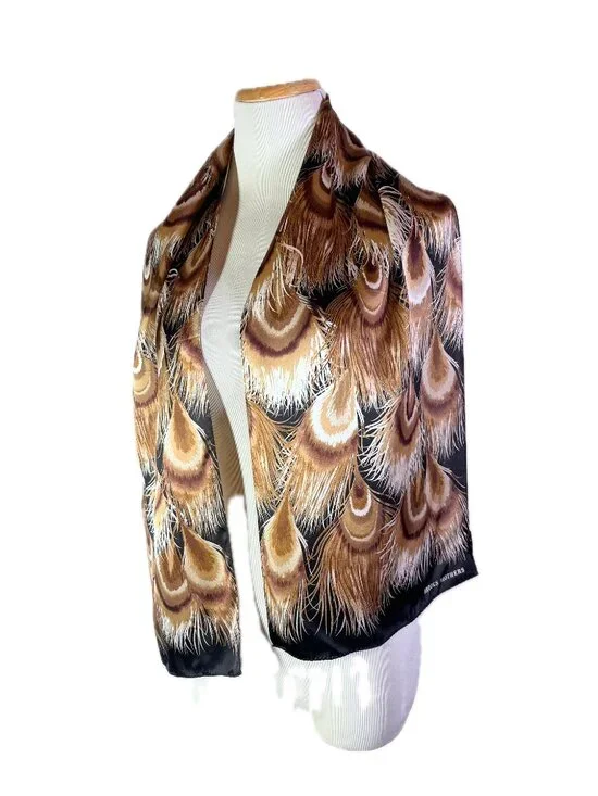 Brooks Brothers Silk Scarf Feathers Print Black Brown White 11x52