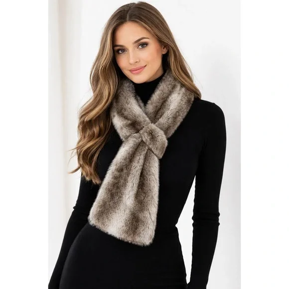 Women Brown Gray‎ Striped Faux Fur Scarf Stole Plush Velvet Backing Pull Through