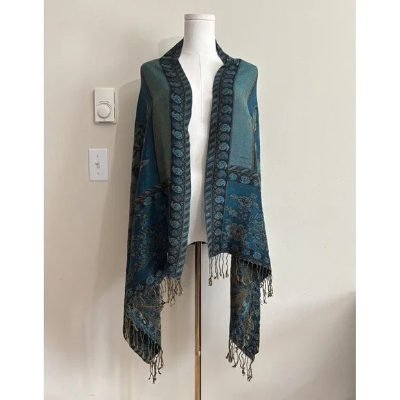 Pashmina Shawl Scarf Wrap Silk Cashmere Blue Floral Fringe Whimsigoth Boho