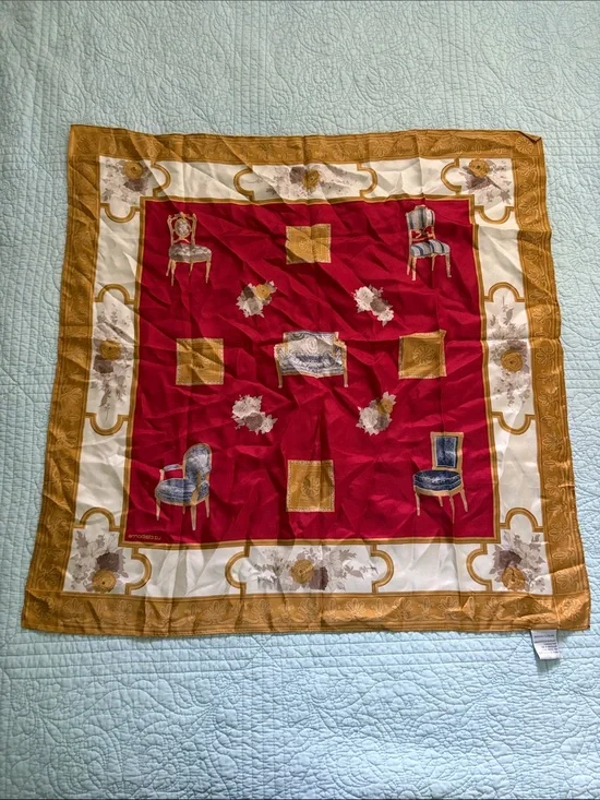 Liz Claiborne Red, Blue & Gold Floral Silk Scarf