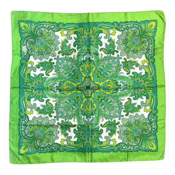 Vintage Green Paisley Square Scarf Boho Floral Hair Neck Head Wrap