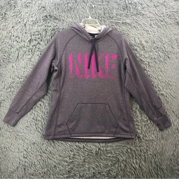 Nike Sweatshirt Womens Large Distressed Spellout Purple Kangaroo Pocket Hoodie