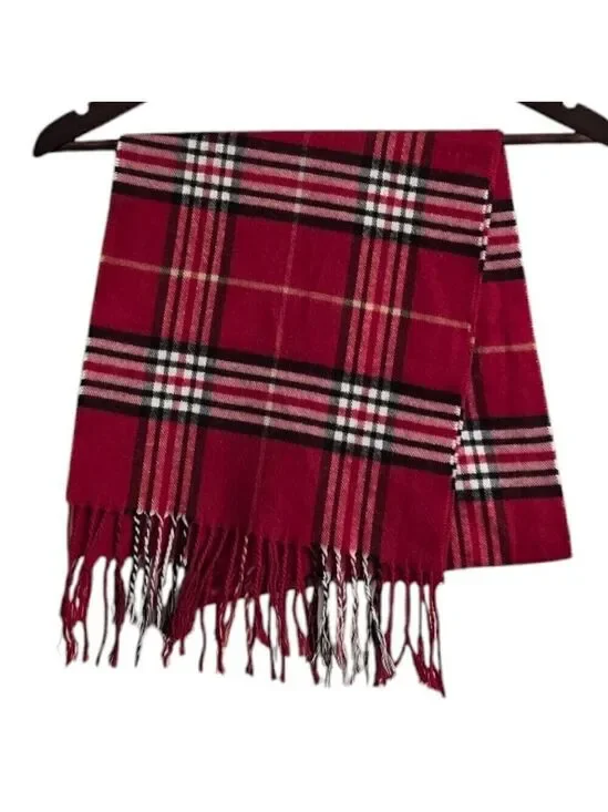 V.Fraas Cashmink Red Plaid Fringe Acrylic Scarf