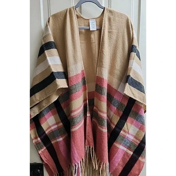 Woolrich Womens One‎ Size Striped Plaid Fringe Open Poncho Wrap HLM0236S Tan