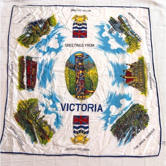 VTG Victoria British Columbia Canada Souvenir Scarf Japan 25x26‎ Coastal Grandma