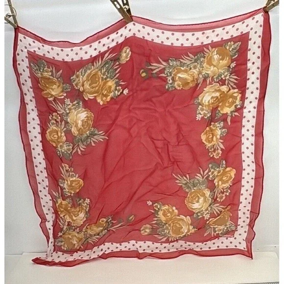 Vtg Liz Claiborne Floral Yellow Gold Green White‎ Crepe Silk Scarf 18x18