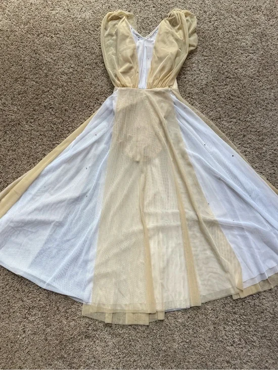 Kellé Lyrical Dance Costume Large Child Ivory Nude Mesh Rhinestone Contemporary