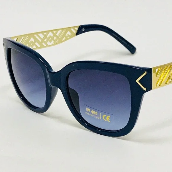 Sunglasses Women Cat Eye Black Frame Gold‎ Metal Luxury Fashion Stylish Gafas
