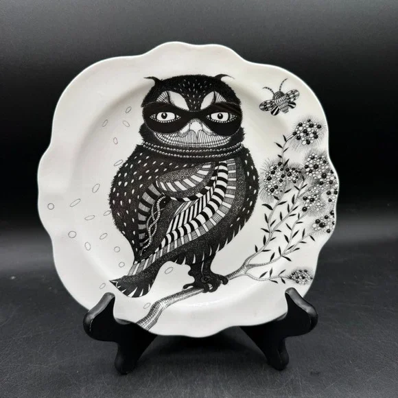 Florence Balducci Owl Dessert Plate Black White Scalloped Edge Whimsical Art