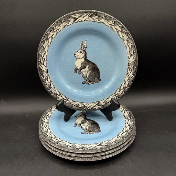 Carly Dodsley Rabbit Salad Plates Set of 4 Blue White 8in Cottage Boho England