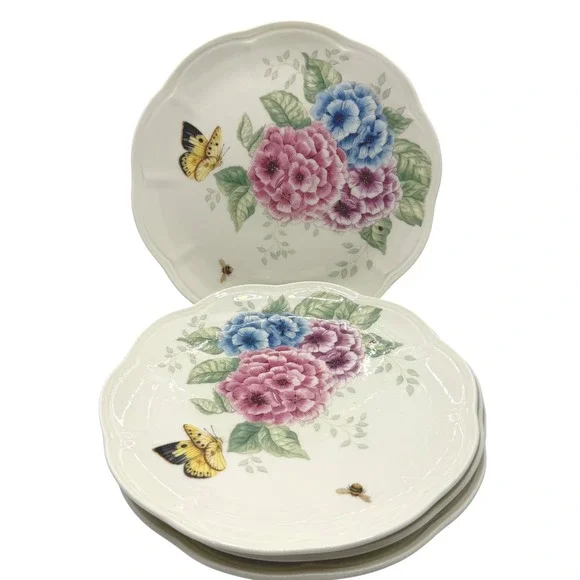 Lenox Butterfly‎ Meadow Hydrangea Porcelain Accent Plates Set of 4 Scalloped 9in