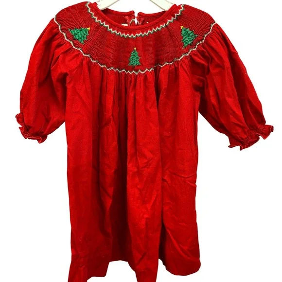 Will Beth Red Smocked‎ Christmas Tree Dress Size 3 Holiday Festive