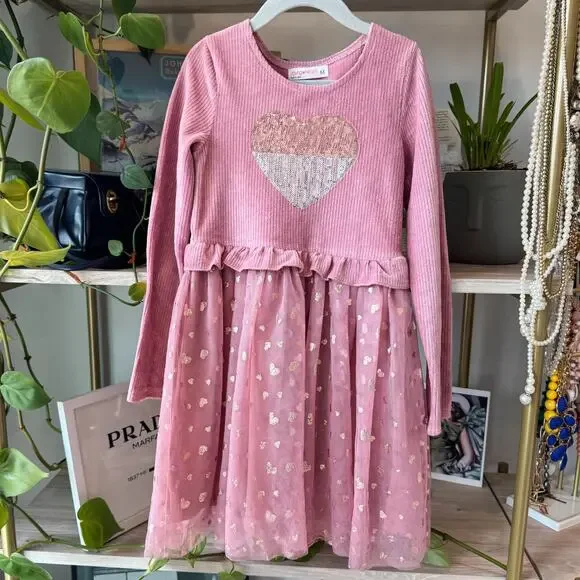 Young Hearts Pink Ribbed Tutu Dress Girls 6X Sequin Heart Gold Foil Whimsical
