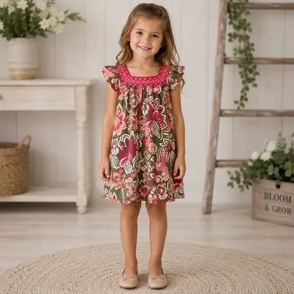 Tea Collection Olive Pink Floral Dress 2 (2T)