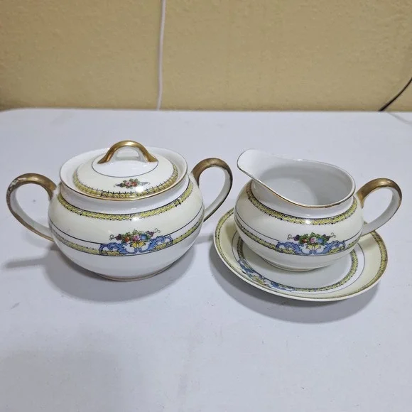 Antique Noritake Malvern Hand Painted Sugar Bowl Creamer Underplate Japan M Mark