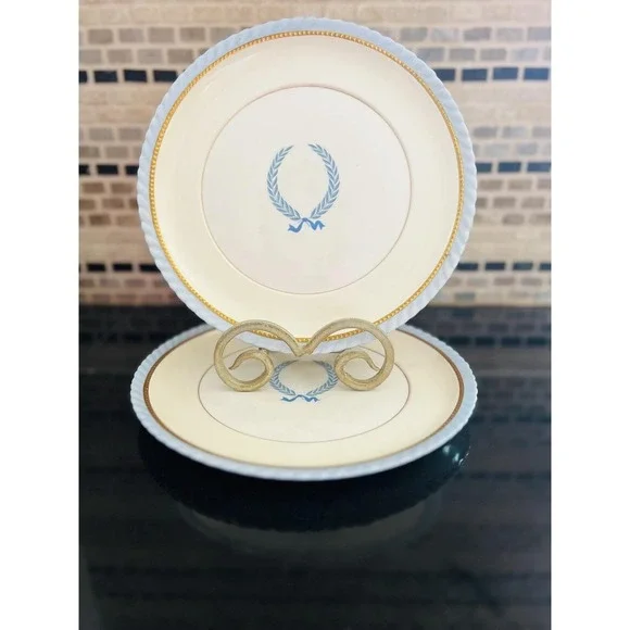 1940s Monticello by Steubenville Plates Cream W/‎ Blue Edge & Wreath GOLD Trim