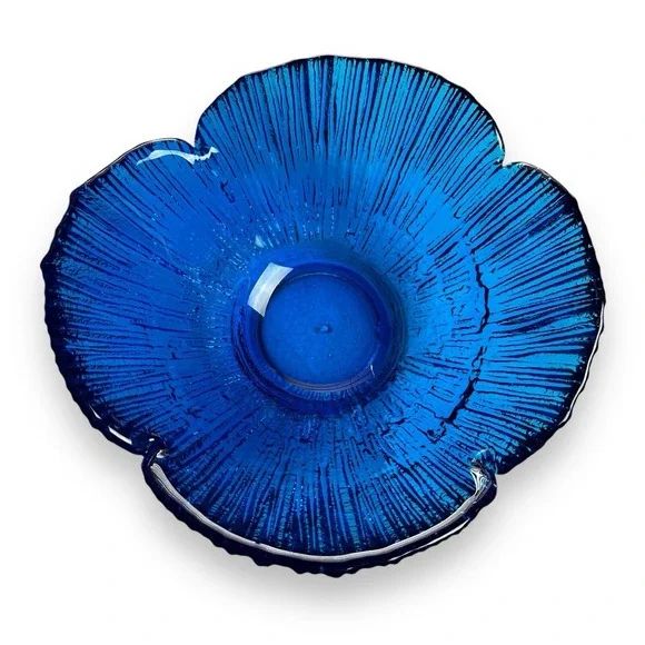 Vintage‎ Blenko Glass Bowl Blue Flower Petal Dish MCM Textured 9