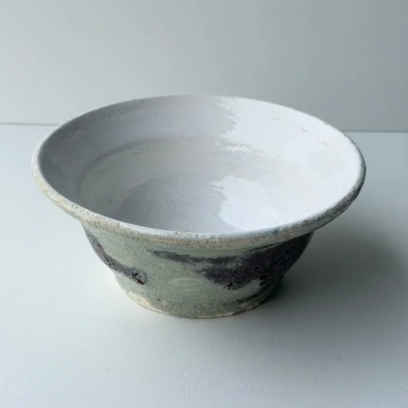Vintage Studio Pottery Bowl Wabi Sabi Glazed Green Purple White Rustic Cottage