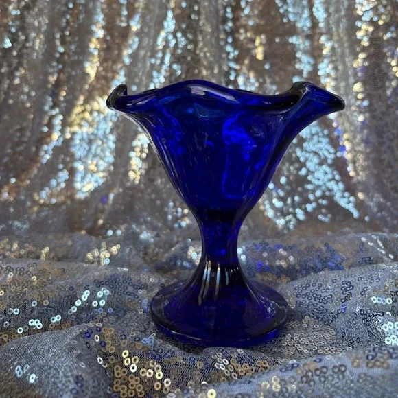Unbranded Cobalt Blue Glass Ice Cream Sundae Dish or Bowl-Fluted, Wavy Rim