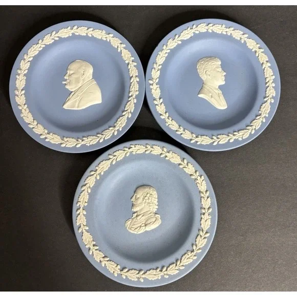 3 Wedgwood Jasperware Blue Personality Trays 4 3/8 Shakespeare Kennedy Churchill