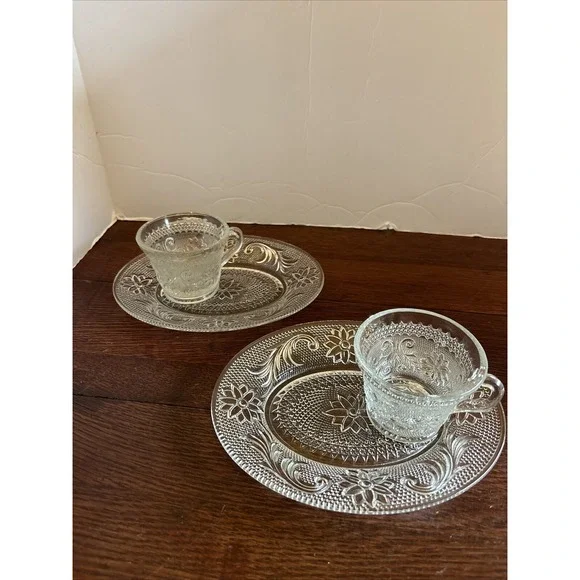Tiara Indiana Glass Co. Clear Sandwich‎ Plates & Cups 30's Depression Era 2 Each