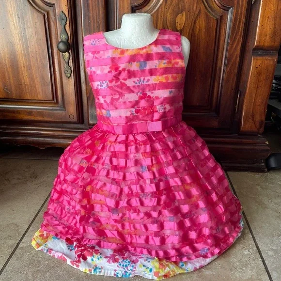 Children's Place 4T girls hot pink Party puffy‎ Dress Floral Ruffle Sleeveless