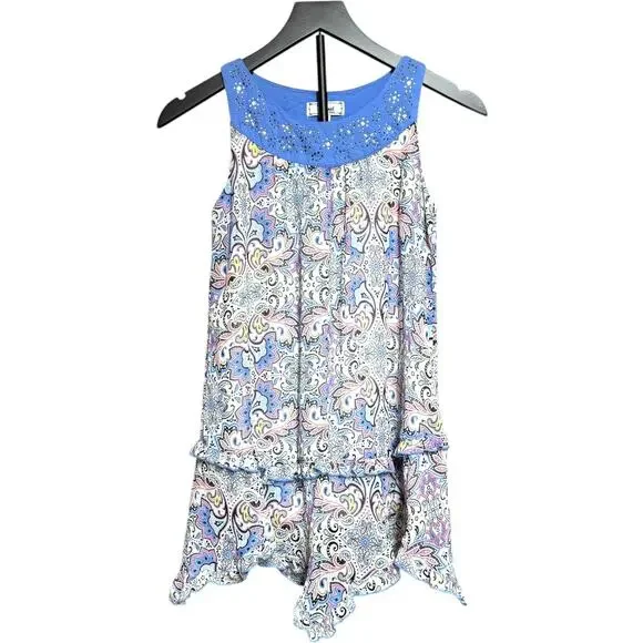 D-Signed Sleeveless Ruffle Tiered Bandana Dress Blue Pink Yellow Small 7/8