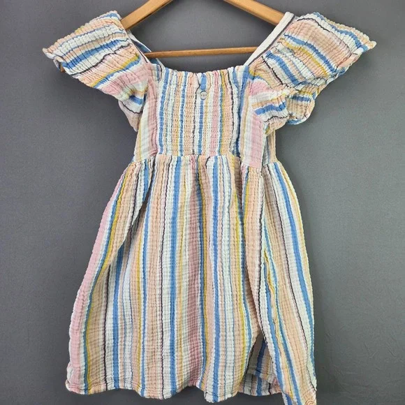 Roxy Girl Striped Gauze Dress M 10/12 Pink Blue Yellow Boho Smocked Summer Beach