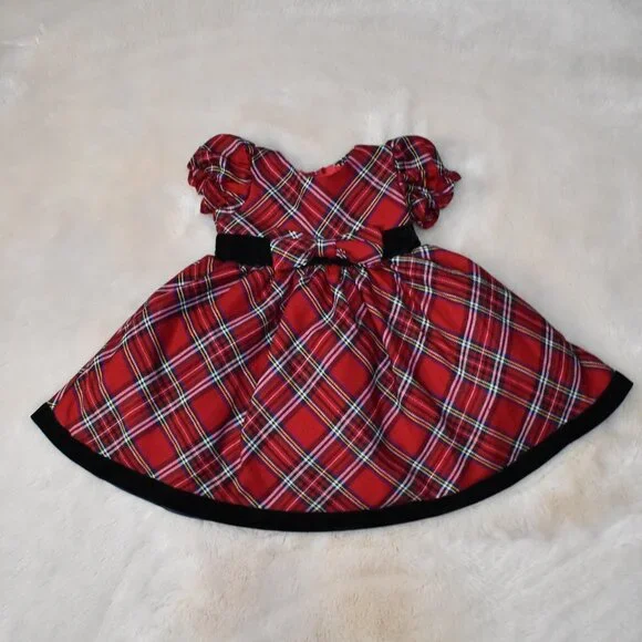 Little Girls  Holiday Dress Plaid Red and Black Short Sleeve Party Gown