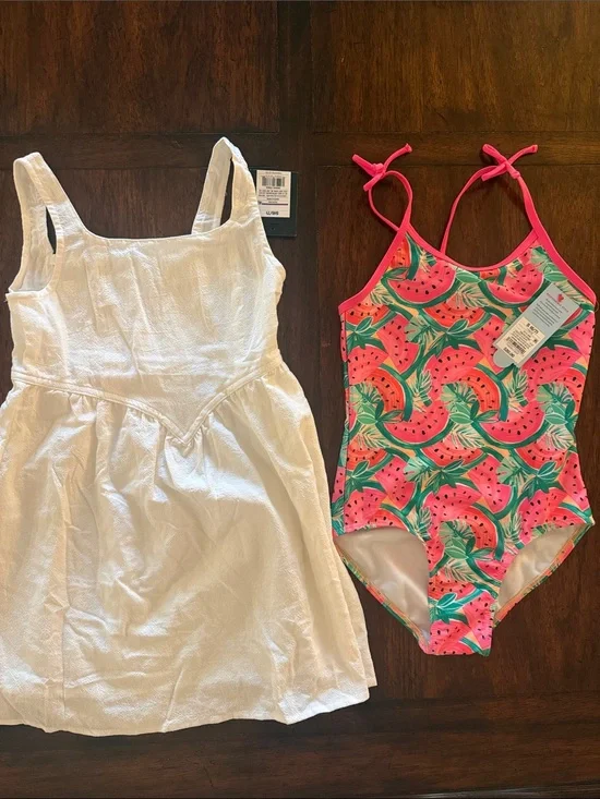 White Sundress & Pink Watermelon One-Piece Swimsuit Set- Size 6/7