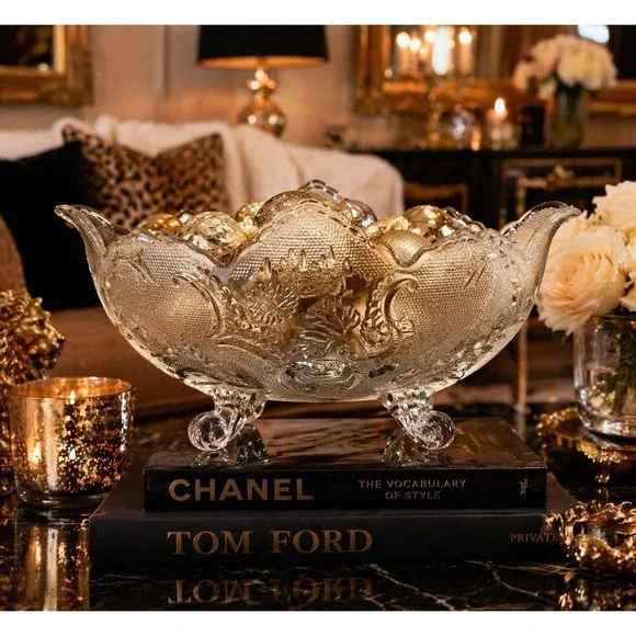 Pressed Glass Footed Bowl Scalloped Edge Floral Pattern Centerpiece Serving Dish