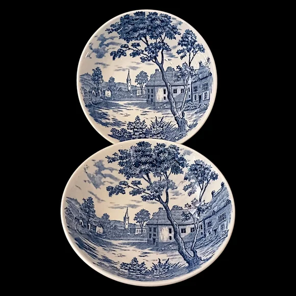 2 Holmar English Village Bowls Set Soup Cereal‎ Berry Blue White Vintage Japan