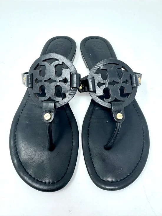 Tory Burch Miller Black Logo Medallion Leather Thong Sandals