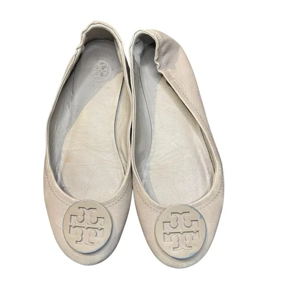 Tory Burch Shoes Womens Size 6 Beige Leather Logo Ballet Flats Casual Comfort