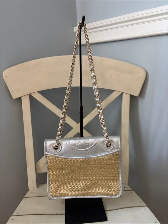 Tory Burch Fleming Metallic Raffia Silver  Leather & Natural Woven Shoulder Bag