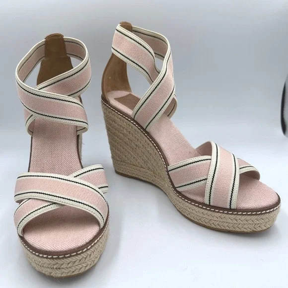 Tory Burch Frieda Espadrille Platform Wedge Sandals Pink Striped Canvas US 10‎