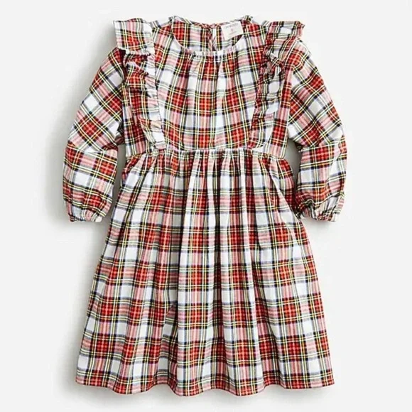 Crewcuts Girls' long-sleeve ruffle-shoulder dress in Snowy Stewart tartan