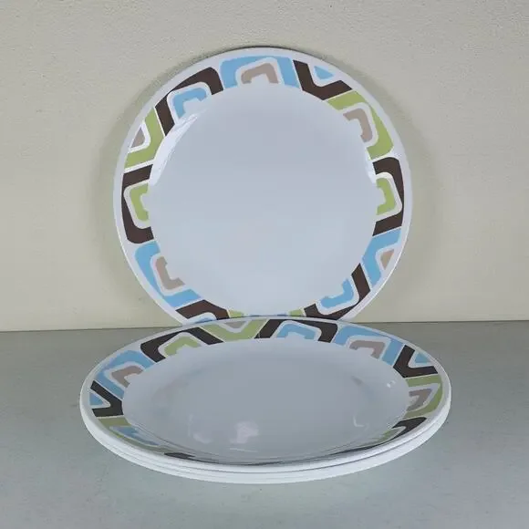 4 Corning Corelle Dishes SQUARED Dinner Plates 10.25” Blue Brown & Green‎