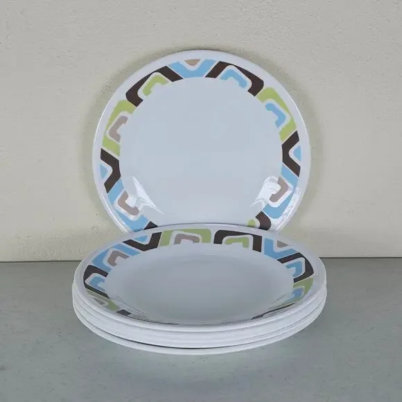 6 CORELLE ~6.75 BREAD‎ SIDE PLATES 'SQUARED' BLUE BROWN GREEN SQUARES ON WHITE