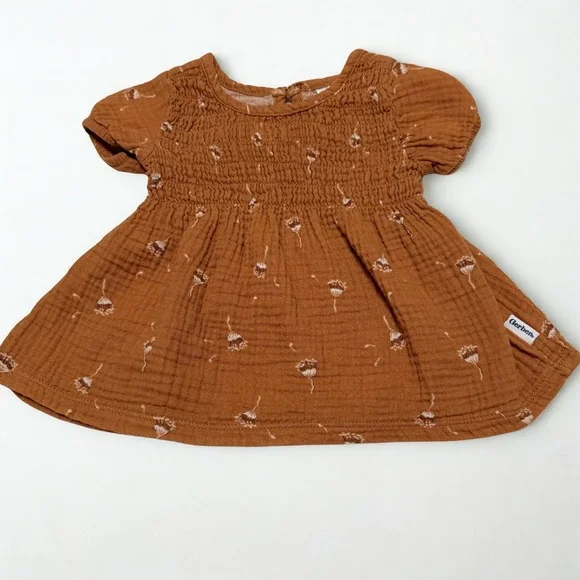 Gerber Just Born Baby Girl Rust Brown Floral Gauze Smocked Dress 3-6 Months