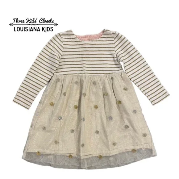 Mini Boden 2-3Y Glittery Gold Polkadots & Stripes Tulle Dress