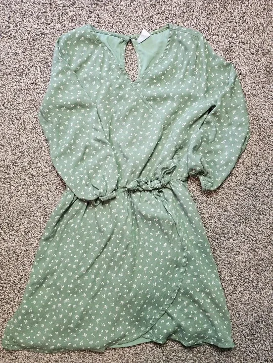Abercrombie Kids Green Floral Faux Wrap Dress Girls Size 11/12 Long Sleeve